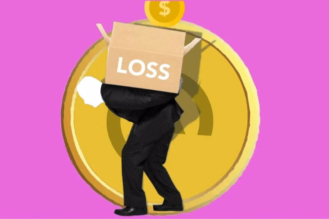 Graphic image of a man carrying a box that symbolizes financial loss
