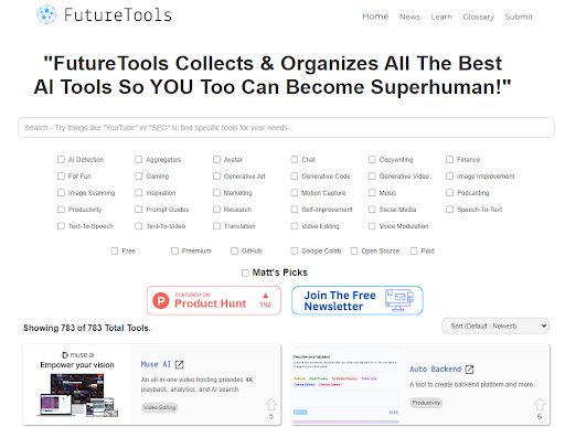 Website search page for FutureTools