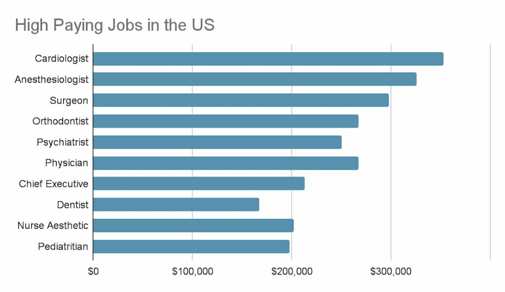 A graphic image of a chart of the high paying jobs in the US