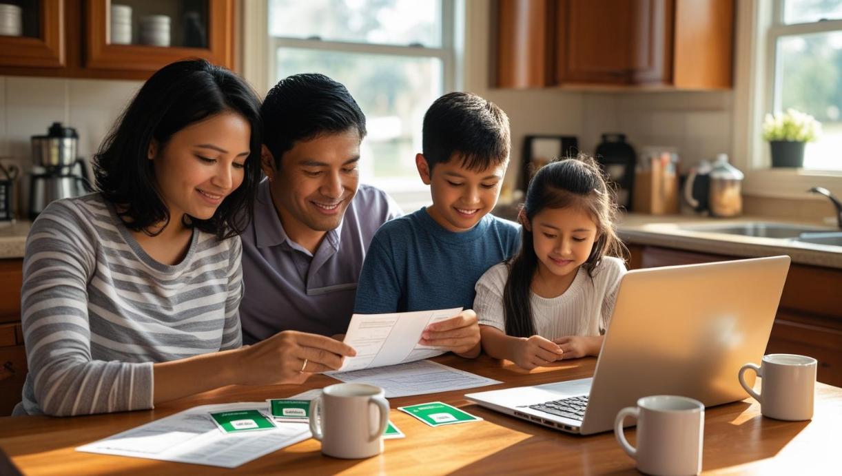 Immigrant family reviews green card documents together at kitchen table in warm sunlight.