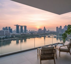 Luxury riverfront condominium balcony in Singapore District 9, sunrise over skyline, modern minimalist interior design, calm water reflections, aspirational lifestyle photography, high-resolution architectural detail